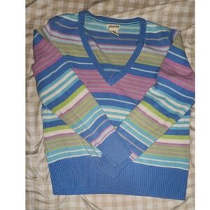St Johns Bay Womens Striped V Neck Sweater Blue Pink Green Cotton Size Large